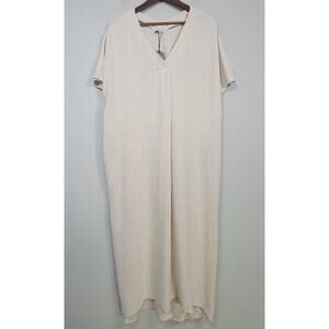 NWT P Cill M Linen Blend V Neck Midi Maxi Lagenlook Dress Beige Neutral